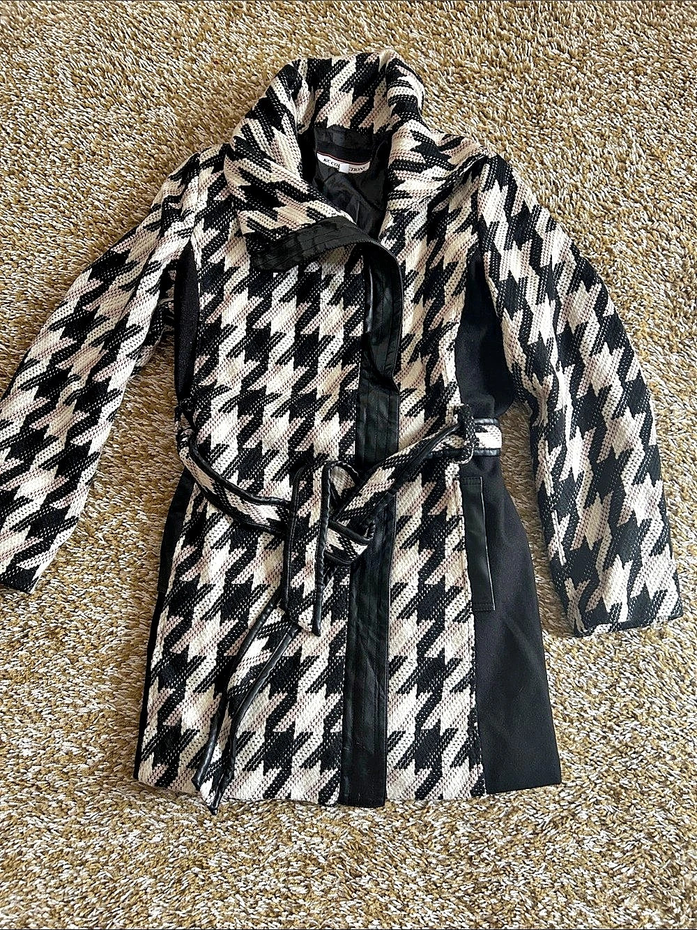 KC Collections Houndstooth Belted Trench Coat in Black & White Size Large